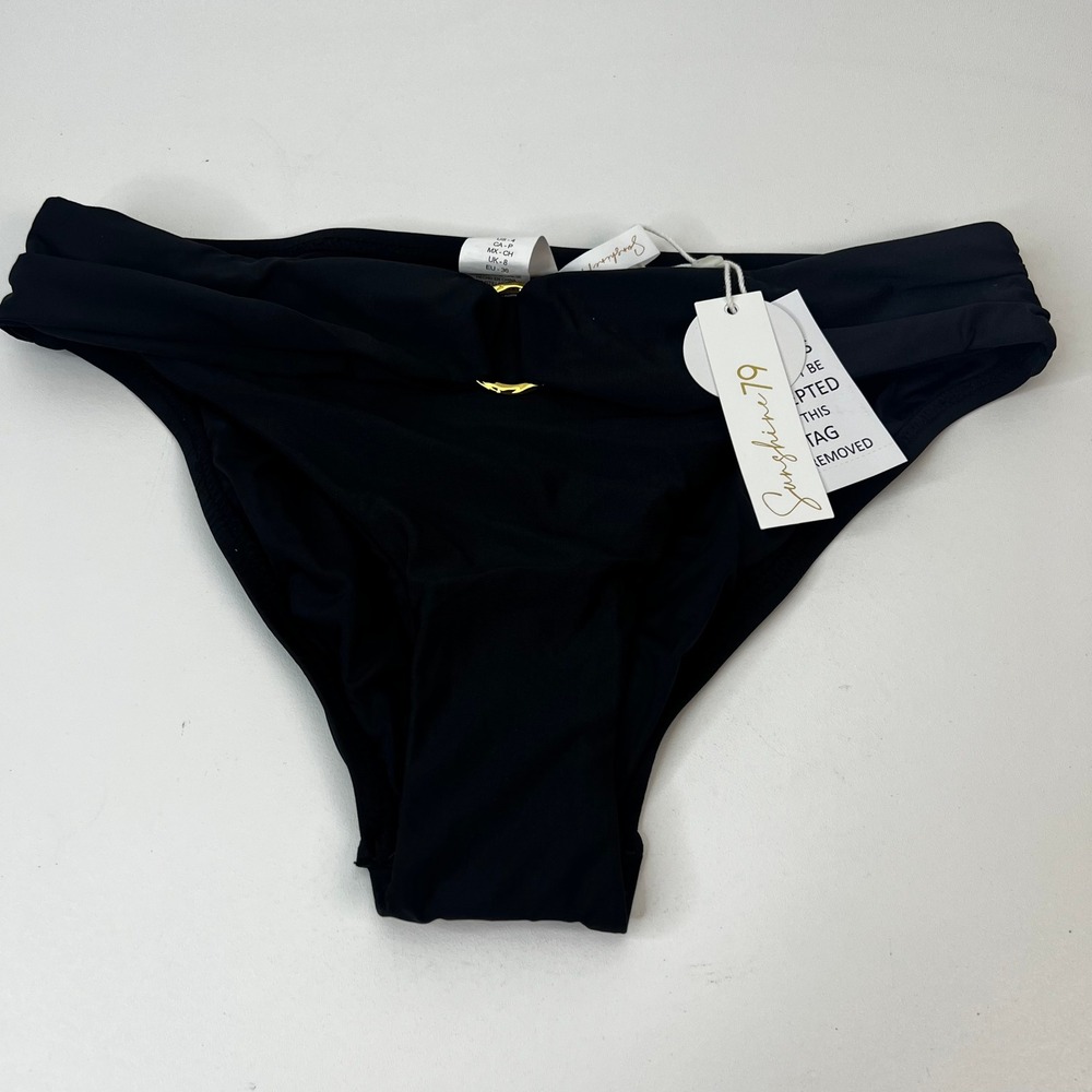 Sunshine 79 Black Ruched Gold Ring Bikini Bottom Swimsuit Size 4 MSRP $92
